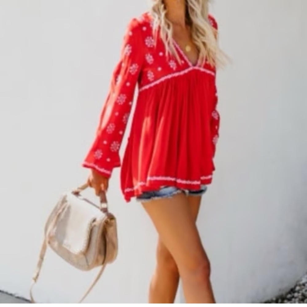 Free People Shirt Womens Sz S RED Diamond Tunic Boho Hippie Artsy
